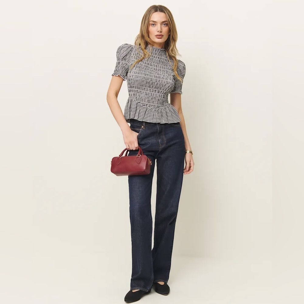 NEW Reformation Aggie Smocked Peplum Organic Cotton Blend Top Remy Check Size XS